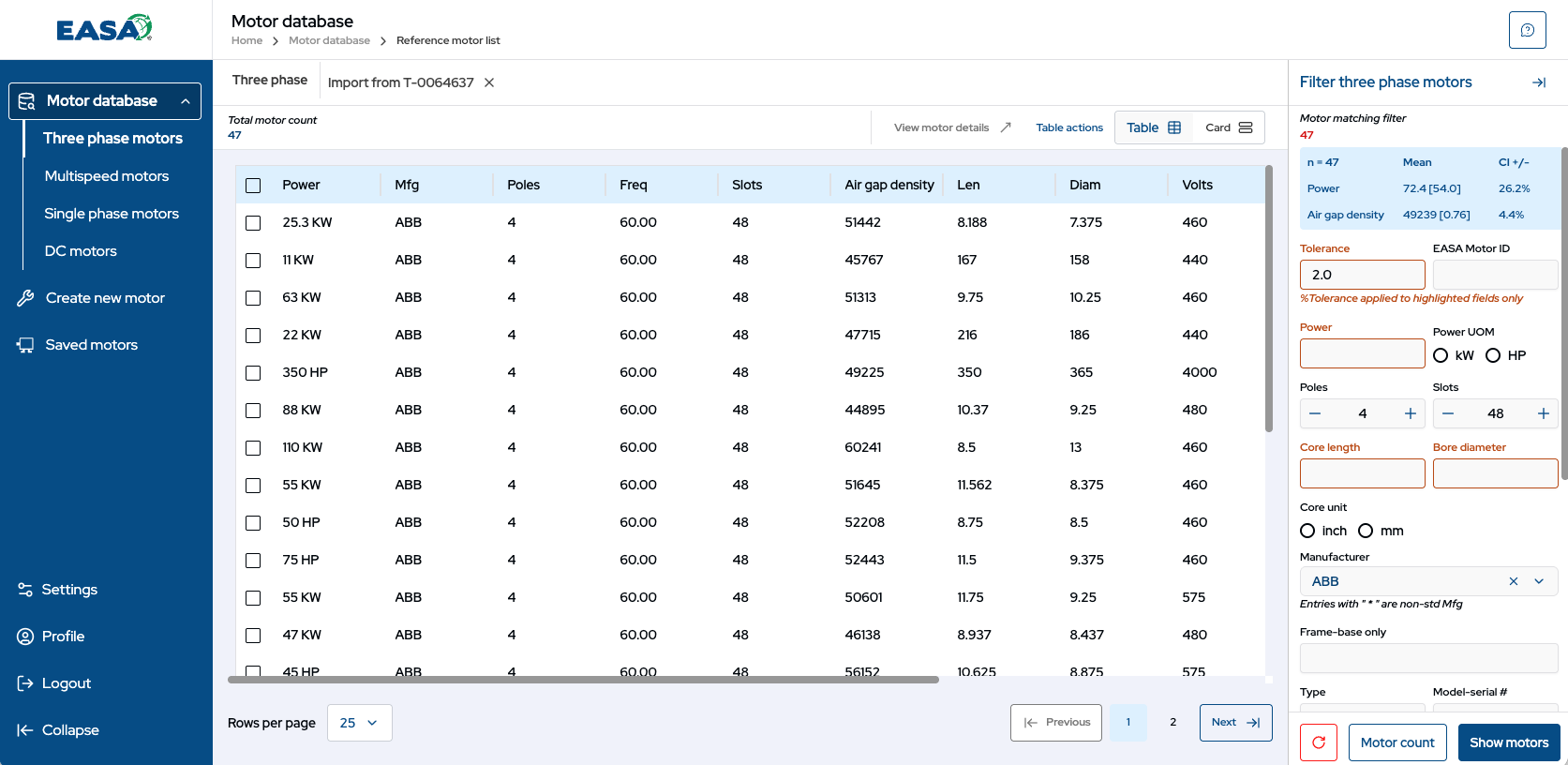 Motor Winding Workbench database search screen
